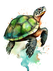 Obraz premium Watercolor illustration of a green sea turtle. Generative AI