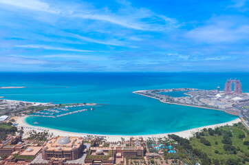 UAE, United Arab Emirates, Abu Dhabi waterfront downtown marina and coastal panorama and skyline.