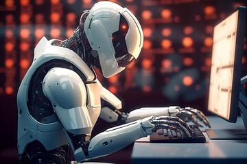 Futuristic Glamour: A Smart Artificial Android Working on a PC, Generative AI