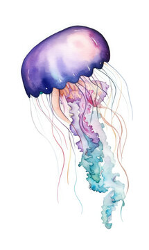 Illustration of a purple jellyfish in watercolor style. Generative AI