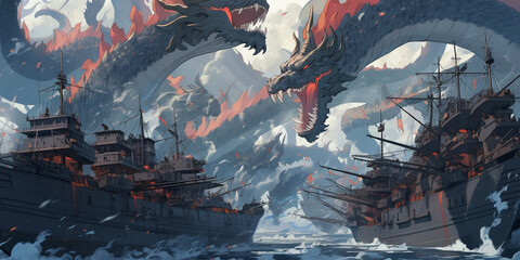 Huge Fantasy Dragons Attack Ships, Anime Style, Creatures, Demons, Monsters, One Piece, Manga, Kaiju Battle