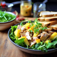 super healthy chicken salad with Mango dressing and bread, Generative AI, Generativ, KI