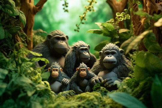 Claymation style illustration of a family of gorillas. Generative AI.