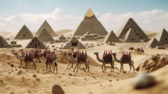 Claymation style illustration of a family camels near a desert pyramid. Generative AI.
