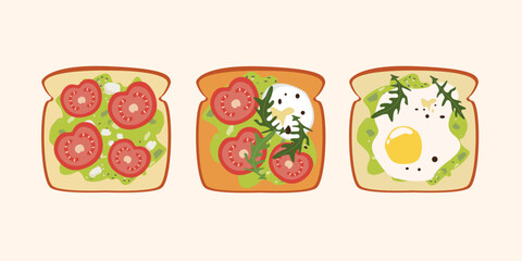 Toast with avocado and tomatoes, eggs, vegetables and herbs. Delicious breakfast. Cartoon vector graphics.