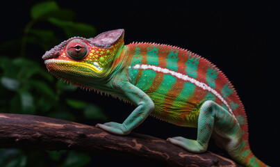Obraz premium Close-uo of a chameleon standing on a branch. Generative AI