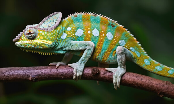 Portrait of a chameleon on a branch. Generative AI