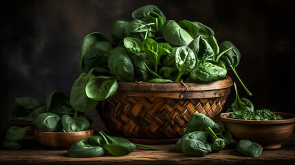 Spinach in a basket, dark background, Fresh, Juciy, Healthy, Farming, Harvesting, Environment, Perfessional and award-winning photograph, Close-up - Generative AI