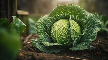 Fototapeta premium Cabbage with water drops on a farmland, Fresh, Juciy, Healthy, Farming, Harvesting, Environment, Perfessional and award-winning photograph, Close-up - Generative AI