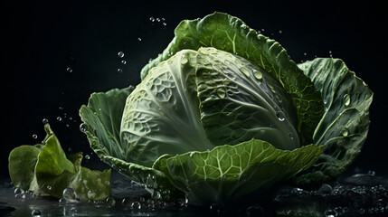 Obraz premium Cabbage with water drops, dark background, Fresh, Juciy, Healthy, Farming, Harvesting, Environment, Perfessional and award-winning photograph, Close-up - Generative AI