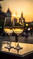 2 Gl&auml;sser Wei&szlig;wein sp&auml;t abends bei Sonnenuntergang in der Stadt. Hochformat. Hochkant. Generative Ai.