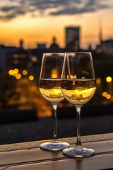 Fototapeta 2 Glässer Weißwein spät abends bei Sonnenuntergang in der Stadt. Hochformat. Hochkant. Generative Ai. obraz
