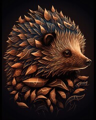 Little hedgehog stylized illustration on black. Generative AI