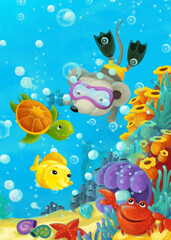 Fototapeta na wymiar cartoon ocean scene coral reef forest animals diving