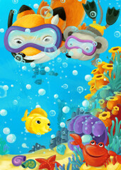 Plakat cartoon ocean scene coral reef forest animals diving