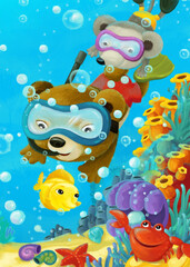 Obraz premium cartoon ocean scene coral reef forest animals diving