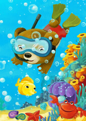 Naklejka na ściany i meble cartoon ocean scene coral reef forest animals diving