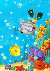 Plakat cartoon ocean scene coral reef forest animals diving
