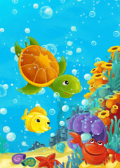 Obraz na płótnie Canvas cartoon ocean scene coral reef forest animals diving