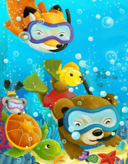 cartoon ocean scene coral reef forest animals diving
