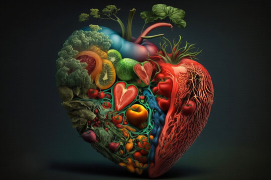 
Healthy heart. Healthy lifestyle. Intake of fruits and vegetables for a natural life. Healthy heart concept. Heart made of fruits and vegetables. Concept image. Black background. Generative ai.
