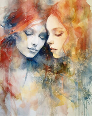 Watercolor painting portrait of two women, fanciful, romantic, dreamlike image on textured paper.  Generative AI.