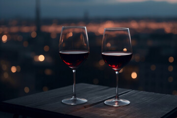 2 Glässer Rotwein spät abends bei Sonnenuntergang in der Stadt. Querformat. Generative Ai.