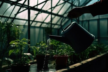Hands watered from a watering can juicy cucumber leaves in a greenhouse. Generative AI