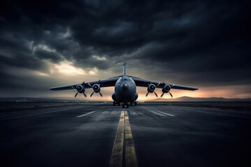 Fototapeta na wymiar Huge plane on the runway at sunset. Atmospheric mood. Generative AI
