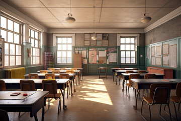 Fototapeta premium Illustration of a school classroom full of desks but no children. Generative AI.