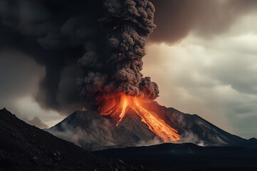 A volcanic eruption in the mountains with a column of lava and smoke. Generative AI