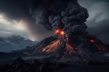 Fototapeta premium A volcanic eruption in the mountains with a column of lava and smoke. Generative AI
