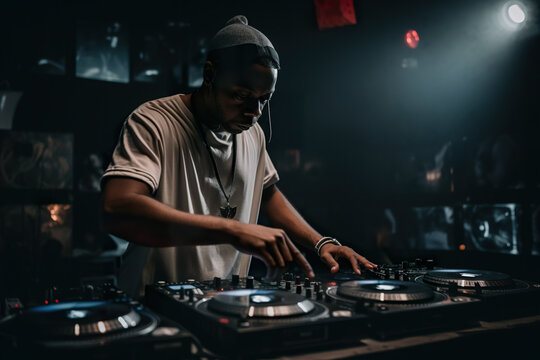 Bright dynamic illustration of male DJ in a nightclub, Generative AI.