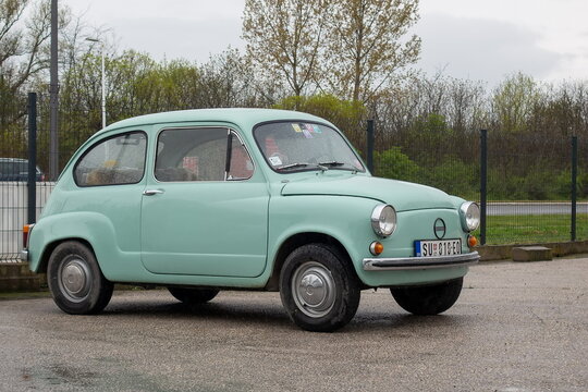 Light green color Zastava 750 (Fica) 1955-1985 Yugoslavian licensed copy of Fiat 600 (with engine 767 cm&sup3;). Subotica, Serbia, 18.04.2023