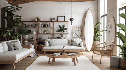 Cozy and laid-back ambiance of a light living room adorned with a surfboard, houseplants, and comfortable sofas. Generative AI