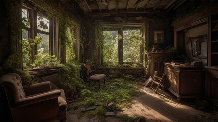nature taking over an abandoned living room, Generative AI