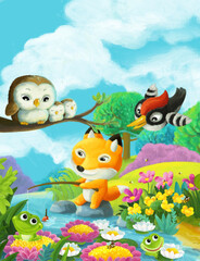 Fototapeta na wymiar cartoon scene forest animals friends fishing illustration