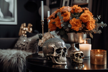 A table with a vase of flowers and a skull on it. Generative AI. Halloween decorative display