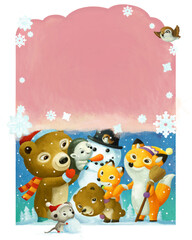 cartoon forest animals friends with snowman illustration