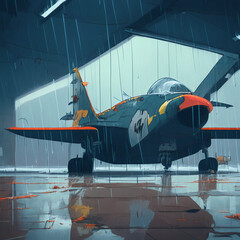 aircraft, jet, fighter jet, hangar, rain, oil painting, anime, illustration, ai-generated image, steel