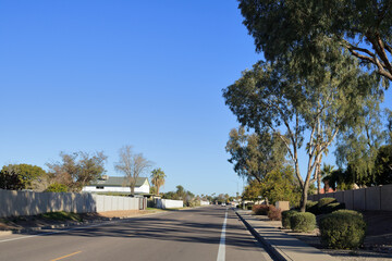 Xeriscaped road sides with drought tolerant shrubs in residential neighborhood in North-West Phoenix, AZ