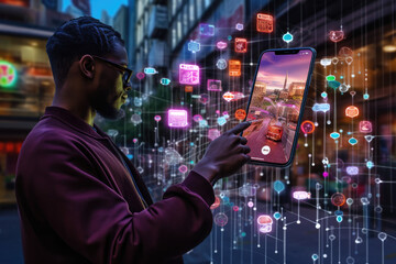 A person using an AI-powered social media analytics platform to gain insights about their followers, with a modern smartphone