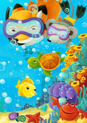 cartoon ocean scene coral reef forest animals diving