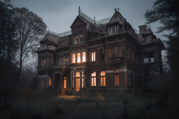 Fototapeta premium A creepy looking house lit up at night. Generative AI.
