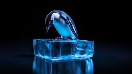 Ein Pinguin steht auf einer blau leuchtenden schmilzenden Eisscholle und sieht traurig und hilflos auf sie hinunter