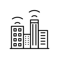 Smart city technology icon with black outline style. connection, mobile, symbol, infrastructure, urban, iot, sign. Vector Illustration