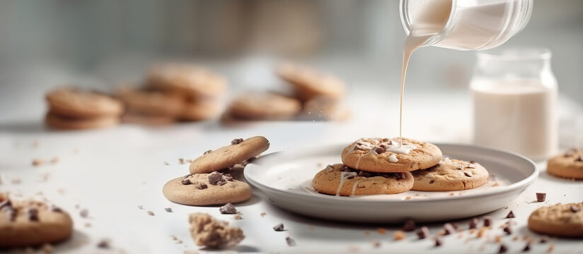 milk glass bottle dripping milk onto chocolate chip cookie stack in a plate as wide banner with copyspace area for test - Generative AI