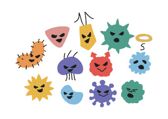 いろいろな表情の黄色のかわいいばい菌やウイルスのイラスト