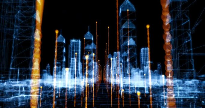 Digital Wireless City. Covered By Smart Skyscrapers. High Speed Internet. Technology Related 3D Animation.