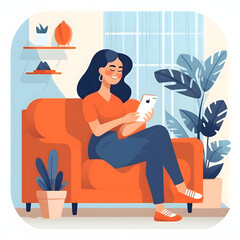 Illustration of happy relaxed young woman sitting on couch using cell phone, smiling lady laughing holding smartphone, looking at cellphone enjoying doing online ecommerce shopping.